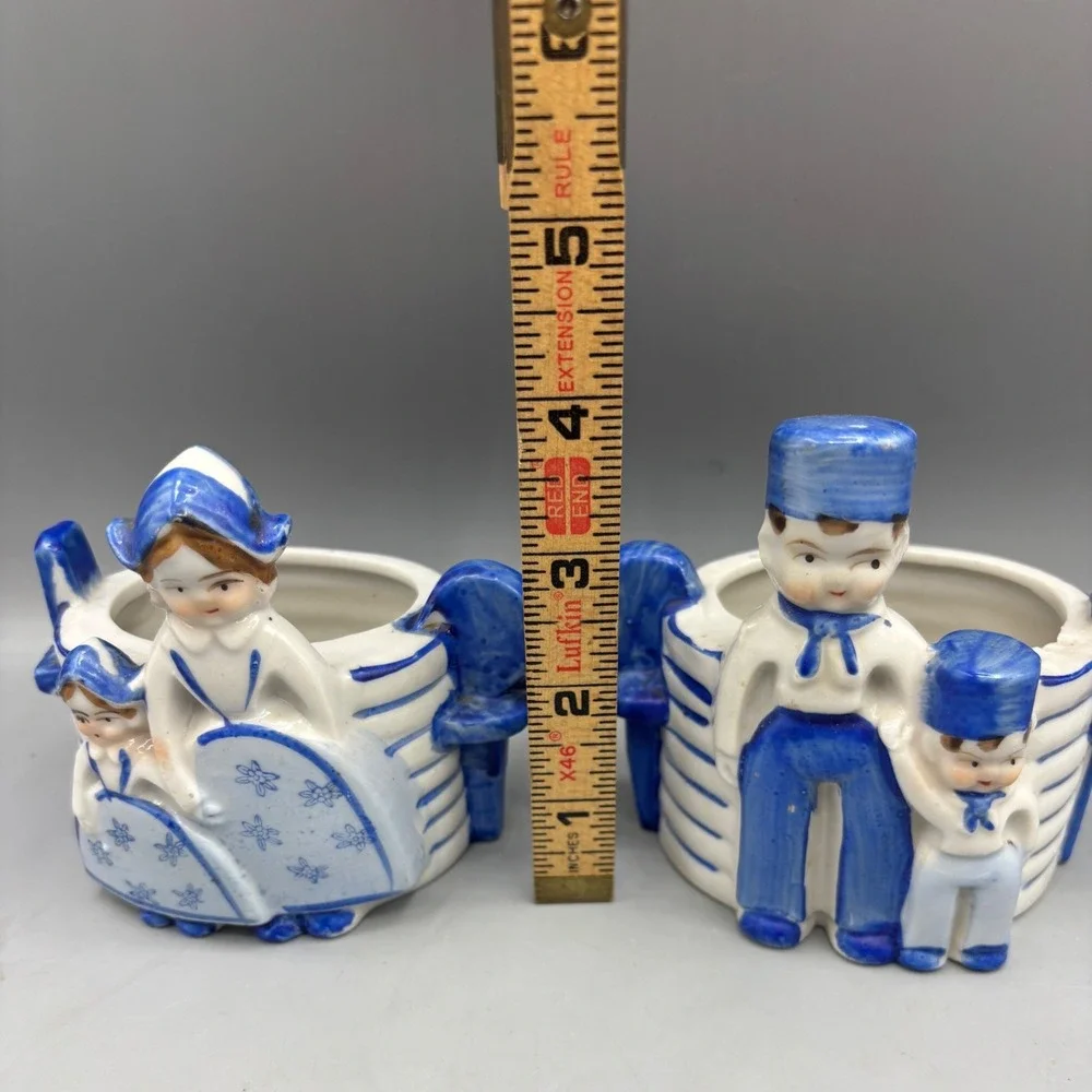 Vtg Japan Delft‎ Style Planters Dutch Boy Girl Couple Ceramic Flower Vase Pair